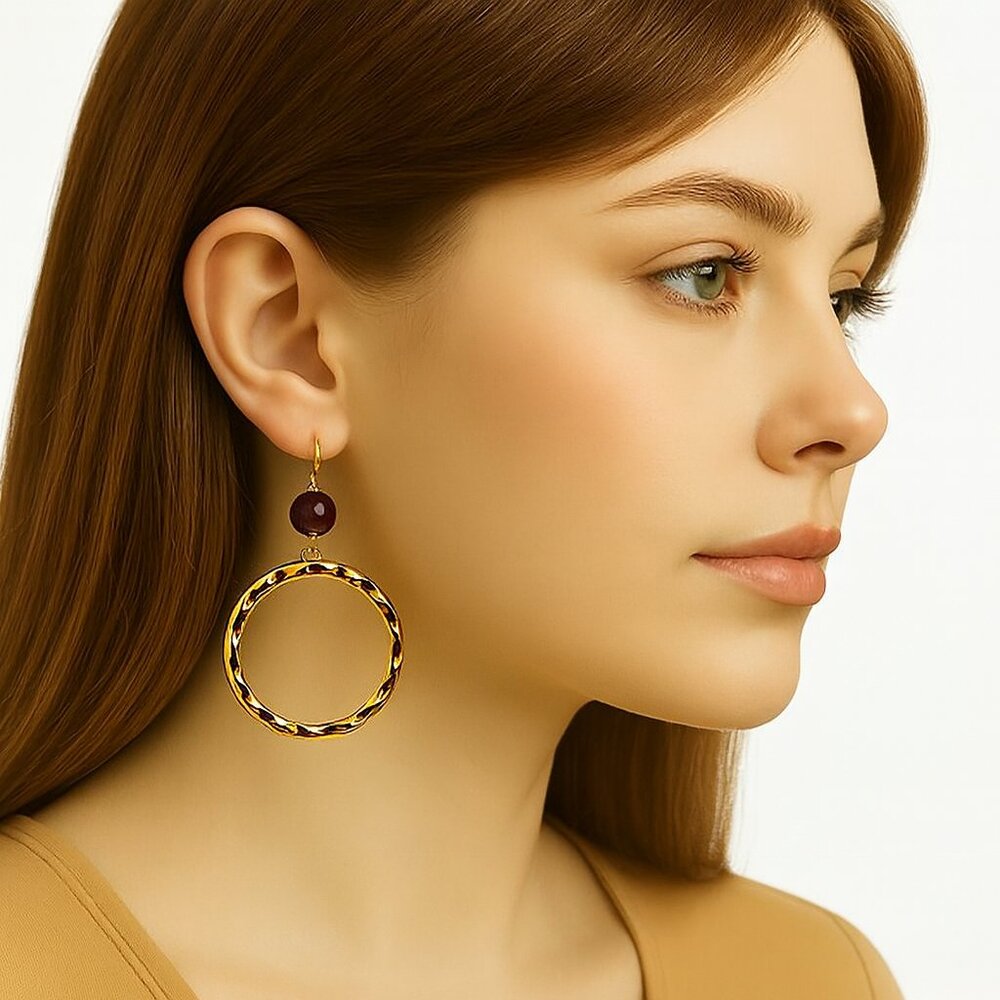 Gold Hammered Hoop Earrings w/ Brown Bead Dangle – Boho Chic Women’s Jewelry